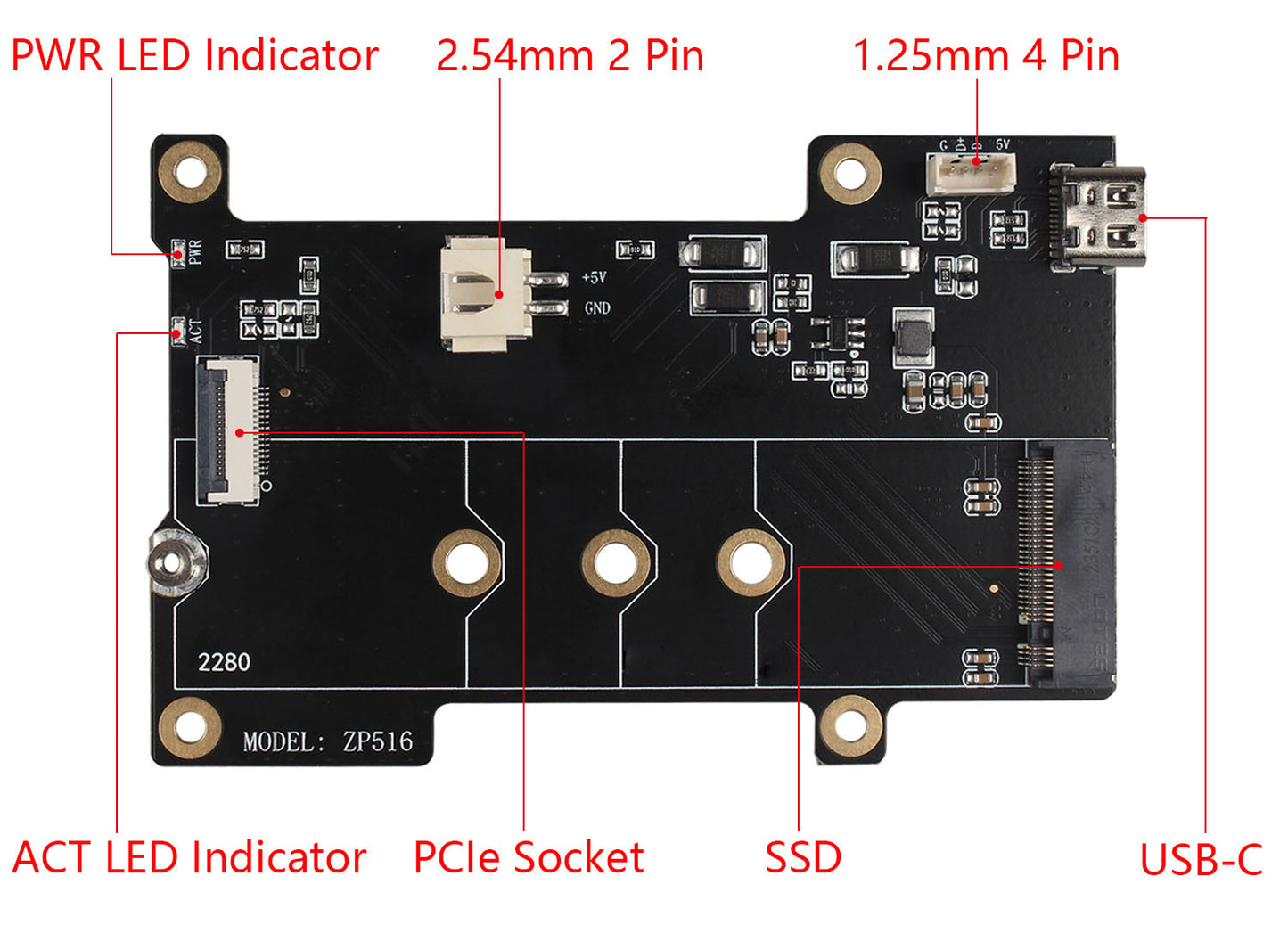 ZDE ZP516 PCIe to M.2 Key-M NVMe SSD PIP PCIe Peripheral Board HAT for Raspberry Pi 5 Support Auxiliary Power Supply