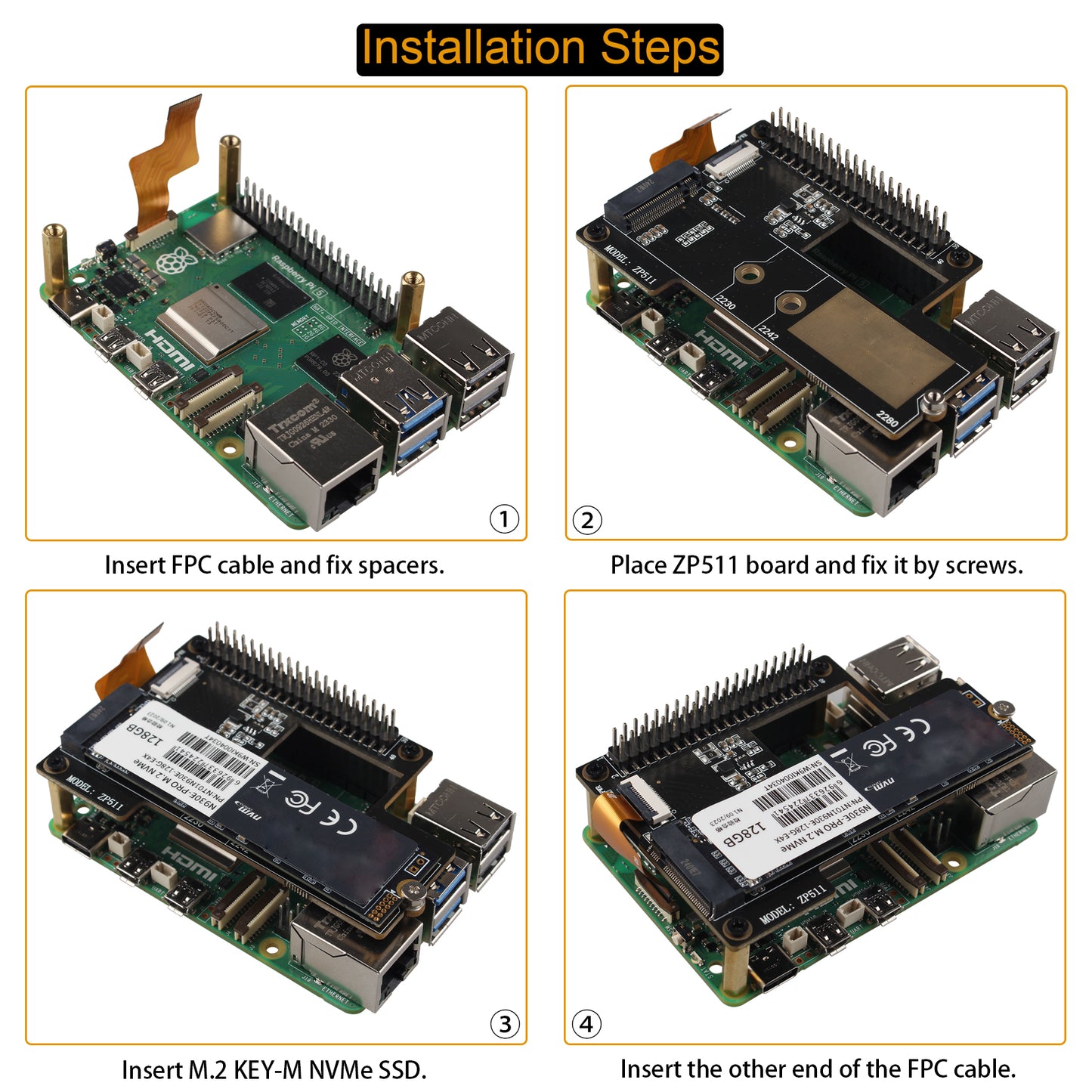 ZDE ZP511 PCIe to M.2 Key-M NVMe SSD Hard Drive Adapter Board PIP PCIe Peripheral Board for Raspberry Pi 5