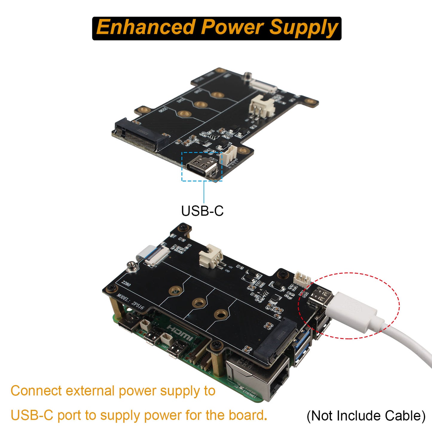 ZDE ZP516 PCIe to M.2 Key-M NVMe SSD PIP PCIe Peripheral Board HAT for Raspberry Pi 5 Support Auxiliary Power Supply