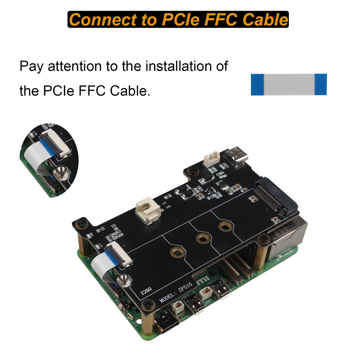 ZDE ZP516 PCIe to M.2 Key-M NVMe SSD PIP PCIe Peripheral Board HAT for Raspberry Pi 5 Support Auxiliary Power Supply