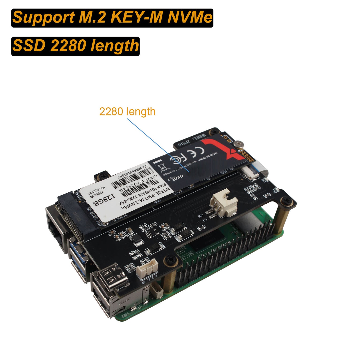 ZDE ZP516 PCIe to M.2 Key-M NVMe SSD PIP PCIe Peripheral Board HAT for Raspberry Pi 5 Support Auxiliary Power Supply