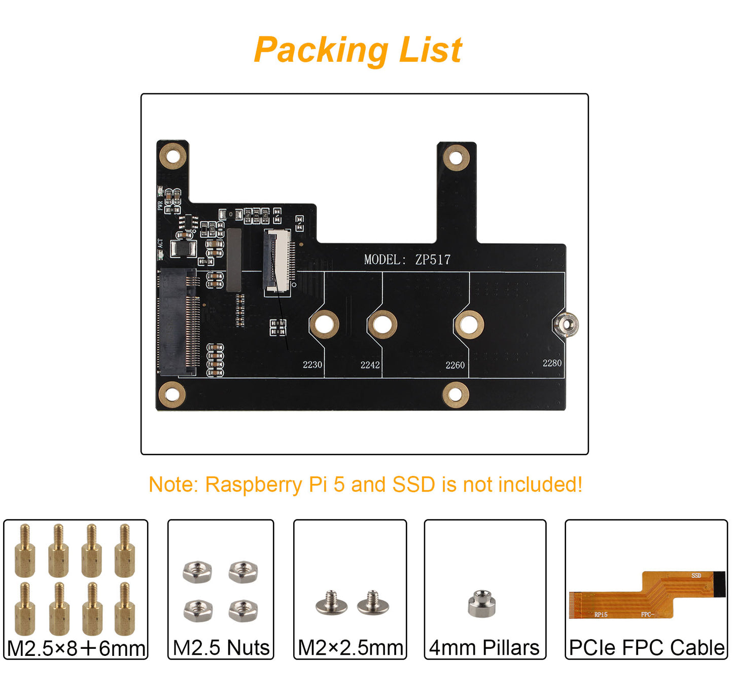 ZDE ZP517B PCIe M.2 Key-M NVMe SSD Hard Drive Adapter Board PIP PCIe Peripheral Board for Raspberry Pi 5