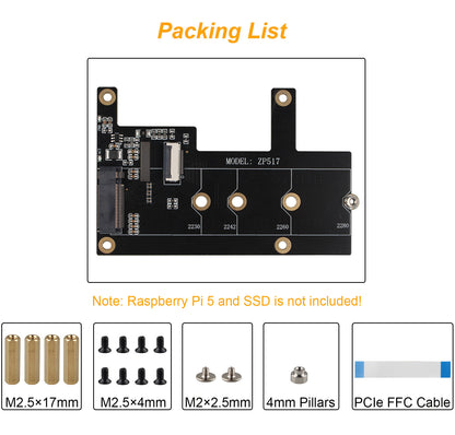 ZDE ZP517A PCIe to M.2 Key-M NVMe SSD Hard Drive Adapter Board PIP PCIe Peripheral Board for Raspberry Pi 5