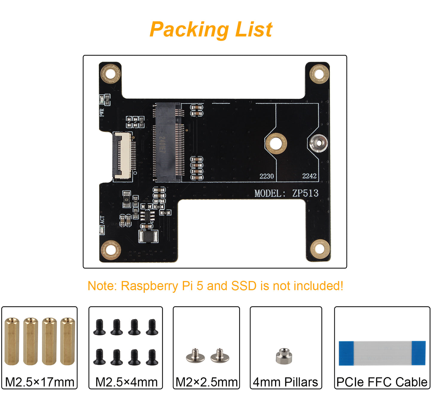 ZDE ZP513 PCIe to M.2 Key-M NVMe SSD Hard Drive Adapter Board PIP PCIe Peripheral Board for Raspberry Pi 5