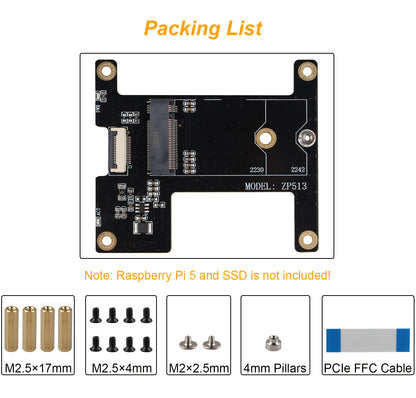 ZDE ZP513 PCIe to M.2 Key-M NVMe SSD Hard Drive Adapter Board PIP PCIe Peripheral Board for Raspberry Pi 5