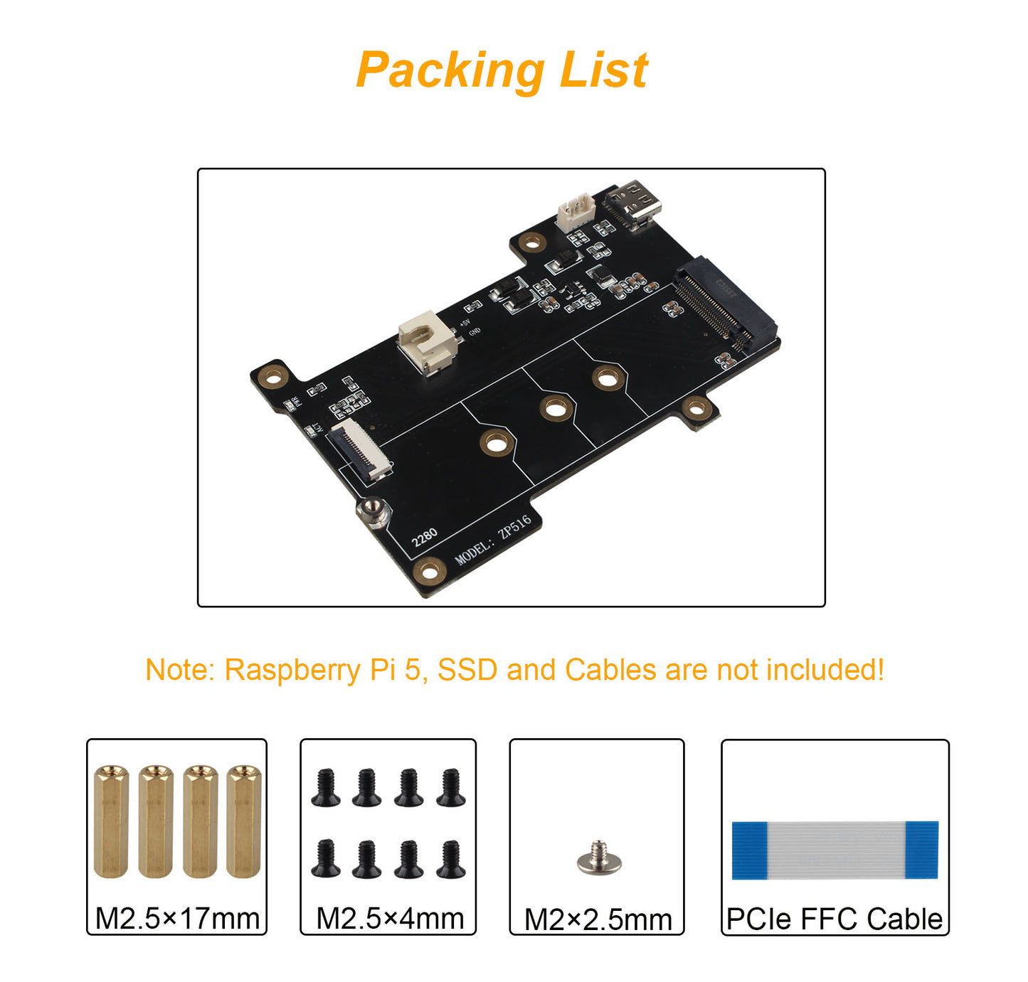 ZDE ZP516 PCIe to M.2 Key-M NVMe SSD PIP PCIe Peripheral Board HAT for Raspberry Pi 5 Support Auxiliary Power Supply