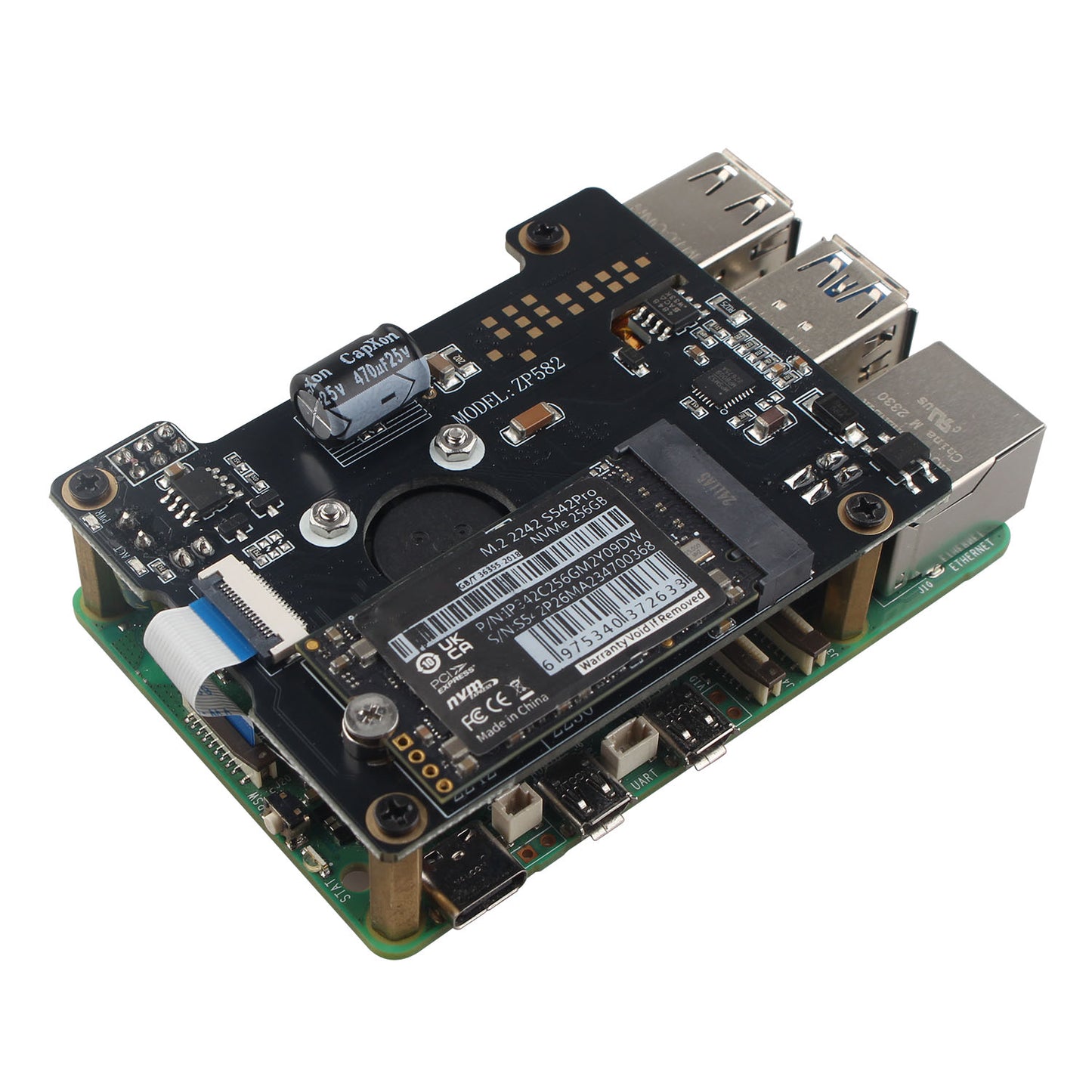 ZDE ZP582 PoE HAT PCIe to M.2 Key-M NVMe SSD Adapter Board with Onboard Cooling Fan