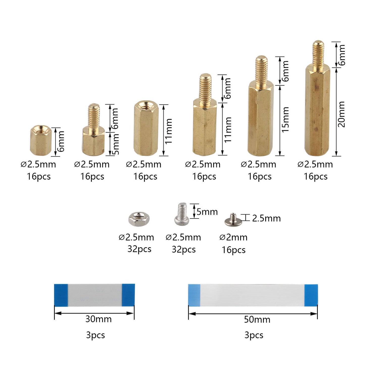ZDE 182pcs M2.5 Series Male Female Hex Column Brass Standoff Spacer Screws Nuts Assortment Kit for Raspberry Pi with M2 Screws＋30mm FFC Cable＋50mm FFC Cable