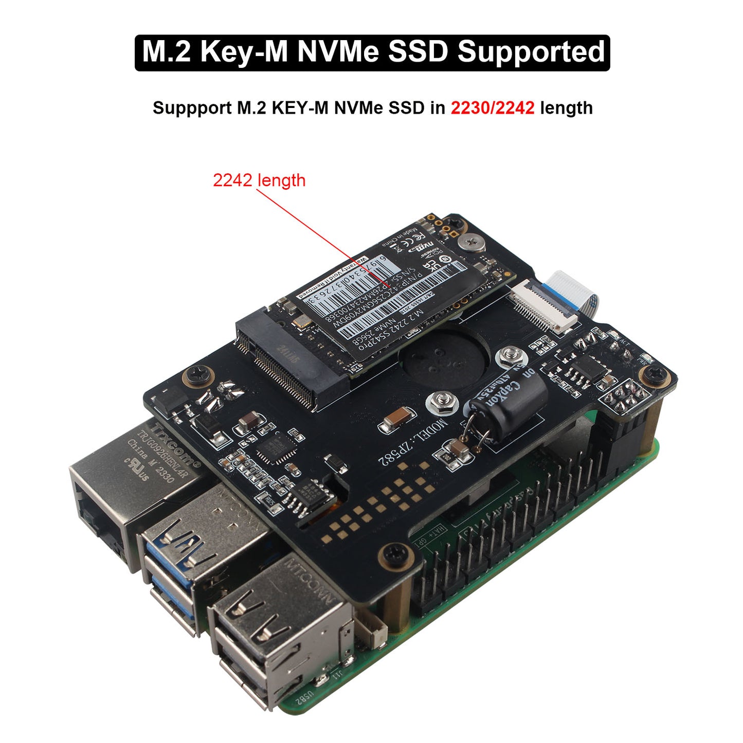 ZDE ZP582 PoE HAT PCIe to M.2 Key-M NVMe SSD Adapter Board with Onboard Cooling Fan