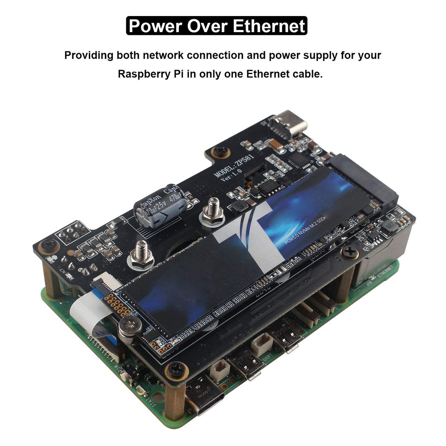 ZDE ZP581 PoE HAT PCIe to M.2 Key-M NVMe SSD Adapter Board with Onboard Cooling Fan