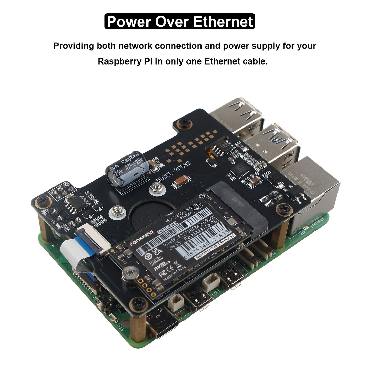 ZDE ZP582 PoE HAT PCIe to M.2 Key-M NVMe SSD Adapter Board with Onboard Cooling Fan