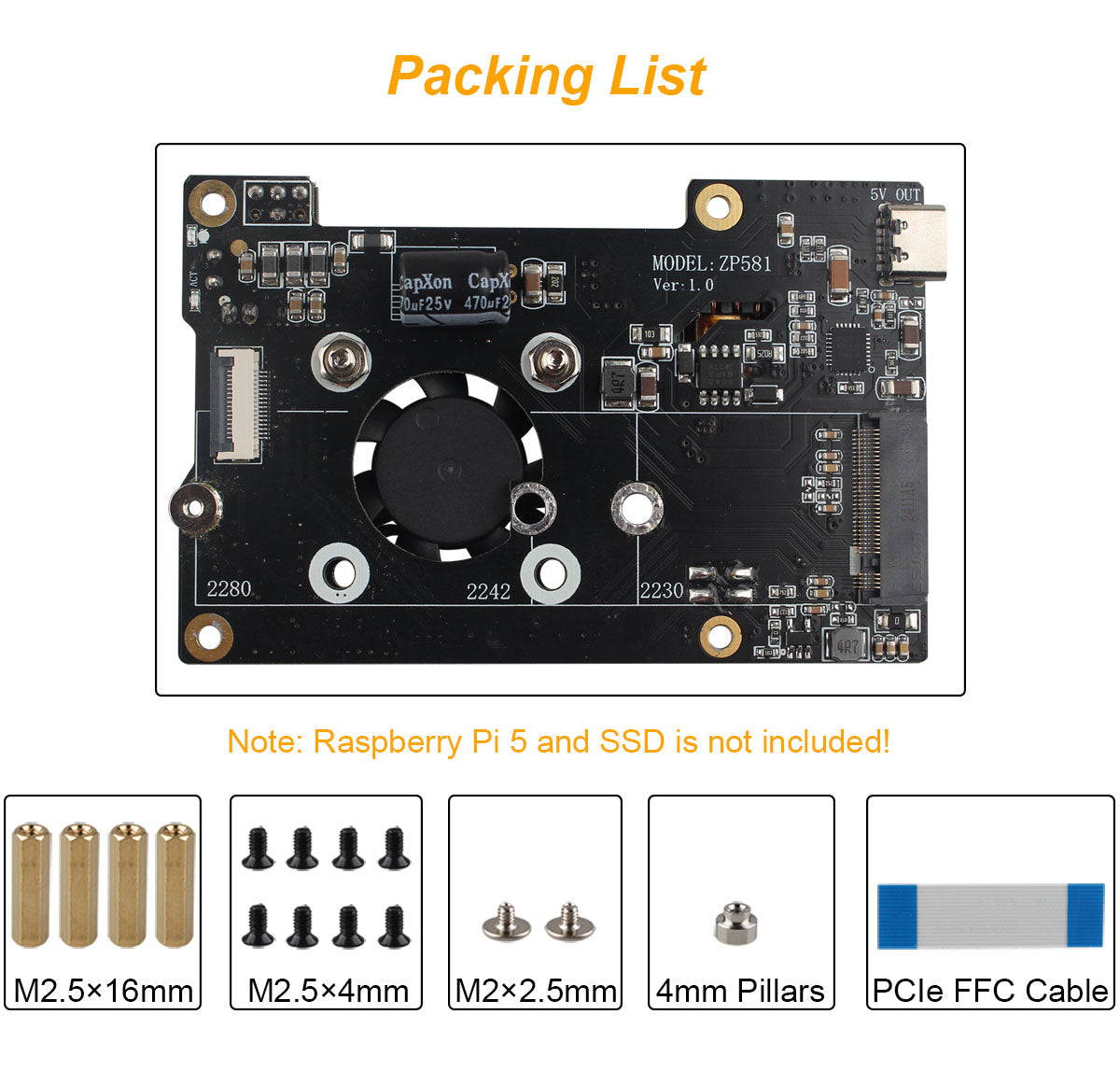 ZDE ZP581 PoE HAT PCIe to M.2 Key-M NVMe SSD Adapter Board with Onboard Cooling Fan